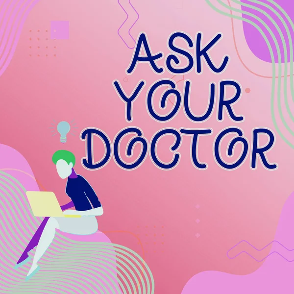 概念的なキャプションあなたの医者に尋ねなさい。ビジネスアプローチ健康状態に関する医療専門家への相談ノートパソコンで座る女性が新しい考えから積極的に仕事を達成. — ストック写真