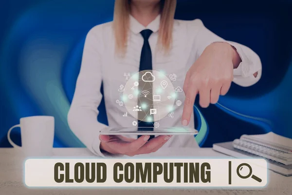 El yazısı işareti Cloud Computing. Business showcase, Geleceğin Teknolojisini Gösteren Cep Telefonunun Kadın Baskı Ekranı 'nda sunulan uzak sunucu ağını kullanın — Stok fotoğraf