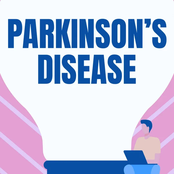 Texto que mostra inspiração Parkinson s é doença. Negócio abordagem desordem do sistema nervoso que afeta o movimento cavalheiro sentado e usando laptop ao lado de uma grande lâmpada. — Fotografia de Stock