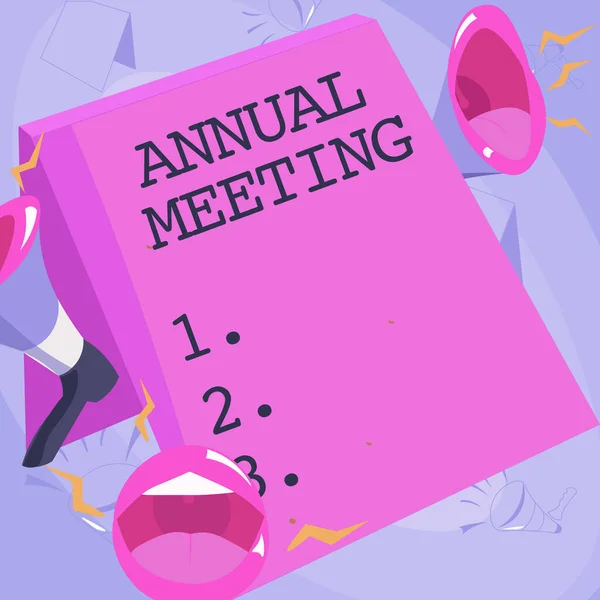 Hand writing sign Annual Meeting. Internet Concept Yearly gathering of an organization interested shareholders Lips Megaphones Loudly Making New Announcement To The Public.