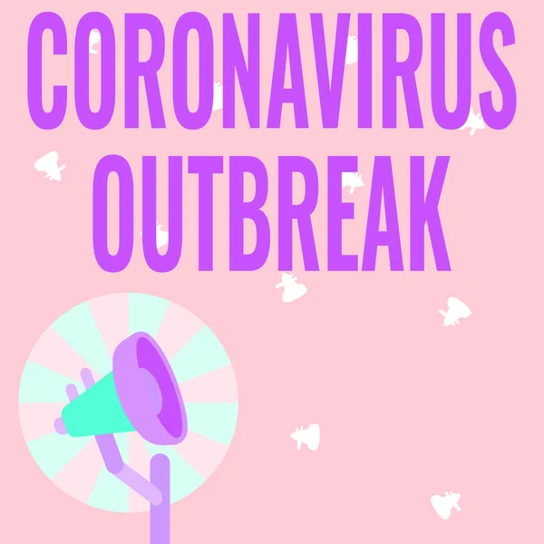 Firma mostrando el Brote de Coronavirus. Palabra escrita sobre enfermedades infecciosas causadas por el recién descubierto COVID19 Ilustración del megáfono polar con el sol se levanta haciendo anuncios. — Foto de Stock