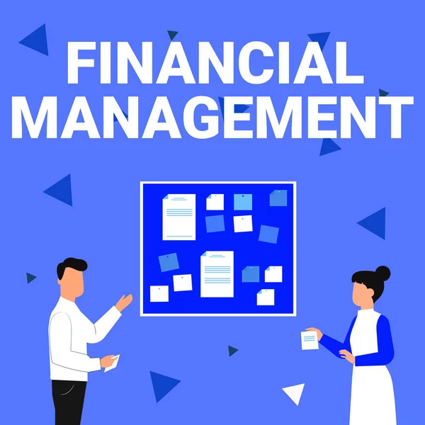 Conceptual display Financial Management. Business showcase efficient and effective way to Manage Money and Funds Illustration Of Couple Presenting Ideas Holding Notes Sticking On Boards. — Stock Photo, Image