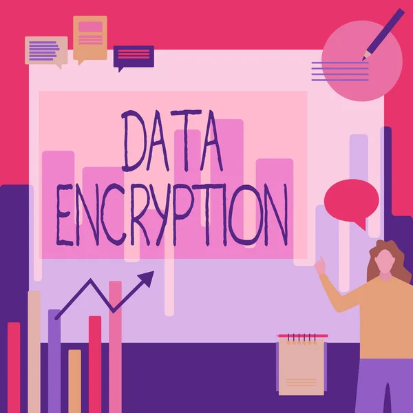 Konzeptionelle Anzeige Datenverschlüsselung. Konzeptioneller Foto-Symmetrickey-Algorithmus für die Verschlüsselung elektronischer Daten Geschäftsfrau Casual Standing Presenting Charts And New Wonderful Ideas. — Stockfoto