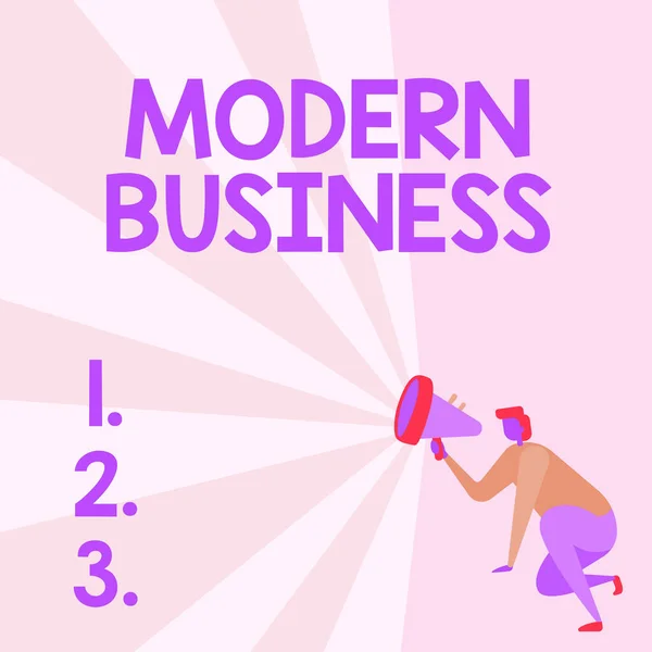 Inspiración mostrando signo Modern Business. Concepto que significa Introducción a la filosofía de la gran empresa corporativa Ilustración De Una Persona Arrodillándose Usando Megáfono Hacer Nuevo Anuncio. — Foto de Stock