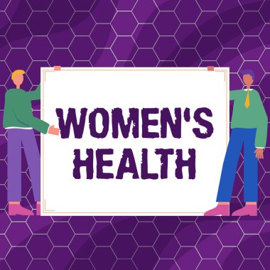 Kadınların Sağlık 'tan ilham aldığını gösteren bir metin. İş yaklaşımı: Sağlık: Boş Kağıt Arkaplan Çizen İki Erkek Yeni Fikirler Sunuyor.