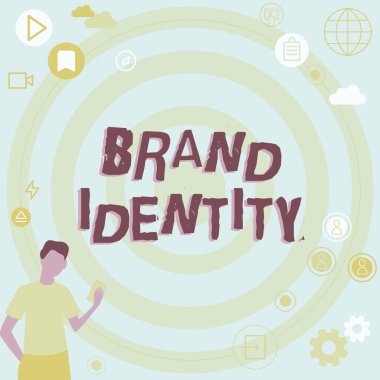 El yazısı işareti Brand Kimlik. İş Adamı Yenilikçi Düşünce Öncü Fikirleri İstikrarlı Geleceğe götüren bir markanın görünür unsurları.