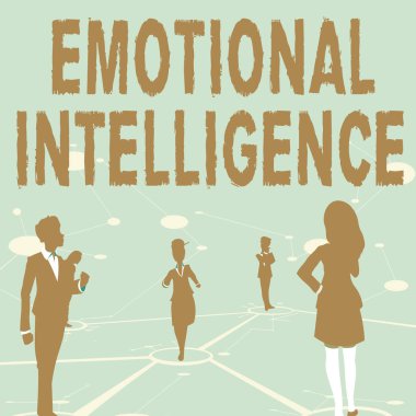 Text caption presenting Emotional Intelligence. Business overview Self and Social Awareness Handle relationships well Several Team Members Standing Separate Thinking Connected Lines On Floor. clipart