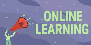 Çevrimiçi Öğrenme 'yi gösteren metin işareti. İş konsepti, internetin yardımıyla gelişiyor ve yeni duyuru yapan bir adamın elinde tuttuğu megafonun bilgisayar görüntüsü..