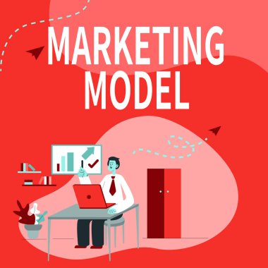 Metin işareti pazarlama modelini gösteriyor. İstatistiksel analiz üzerine yazılmış sözcük. Satış elemanının Masada Oturması ve Yeni Teknolojileri Sunması gibi çok değişkenli regresyonlar..