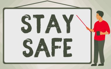 Güvenli Kal 'ı sunan metin başlığı. İşletme vitrini tehlike, zarar ya da makaleleri saklama tehdidi Okul Eğitmeni Pompalama Çubuğu Çizim Çubuğu Kupasını Tutarken.