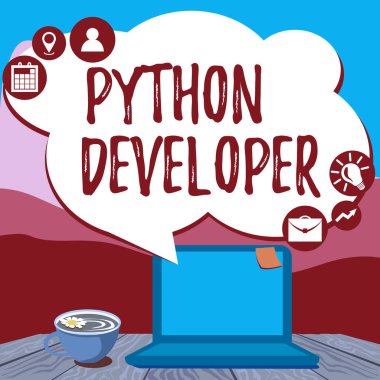 Kavramsal Python Geliştirici. Serverside web uygulama mantığını yazmaktan sorumlu internet kavramı. Laptop 'ta, kahve fincanı ve evden çalışan fabrikanın yanında el yazısı..