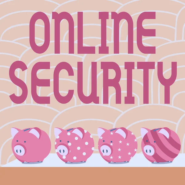Tekst billedtekst præsentere Online Security. Koncept betyder regler til at beskytte mod angreb over internettet Multiple Piggy Bank Tegning på bordet med stribet baggrund. - Stock-foto