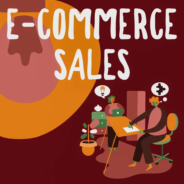 Szöveges megjelenítése E Commerce Sales. Üzleti áttekintő tevékenység termékek online szervizelése vagy értékesítése Partnerek Új ötletek megosztása a készségfejlesztéshez Munkastratégiák. — Stock Fotó