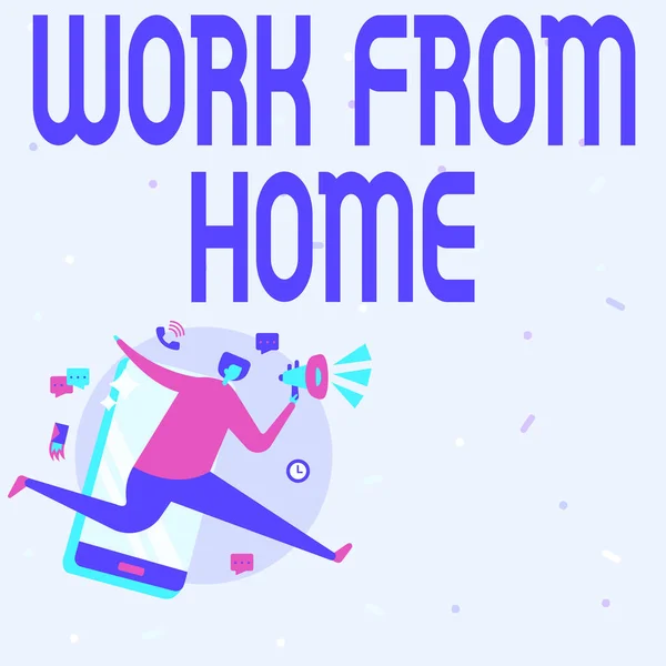 Conceptual caption Work From Home. Word Written on Work From Home Man Drawing Holding Megaphone Running With Phone Making Comments. — Stock Photo, Image