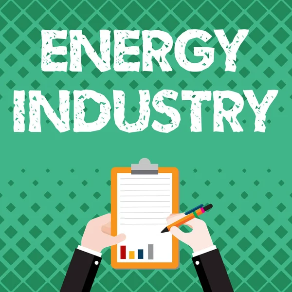 概念展示能源工业.概念指的是从事能源生产和销售的行业，与笔有关的商业伙伴持有剪贴板记录报告. — 图库照片