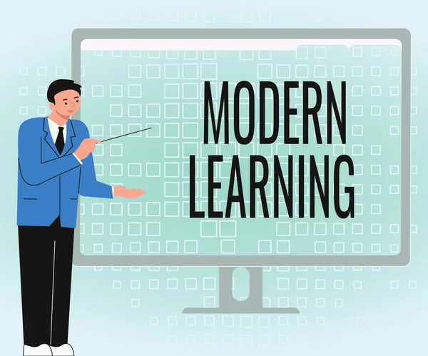 Pokaz koncepcyjny Modern Learning. Podejście biznesowe elastyczne i zwinne konfiguracja Innowacyjne środowiska uczenia się Biznesmen Stojący Prezentacja Wykresy Wspaniałe pomysły na ekranie komputera — Zdjęcie stockowe