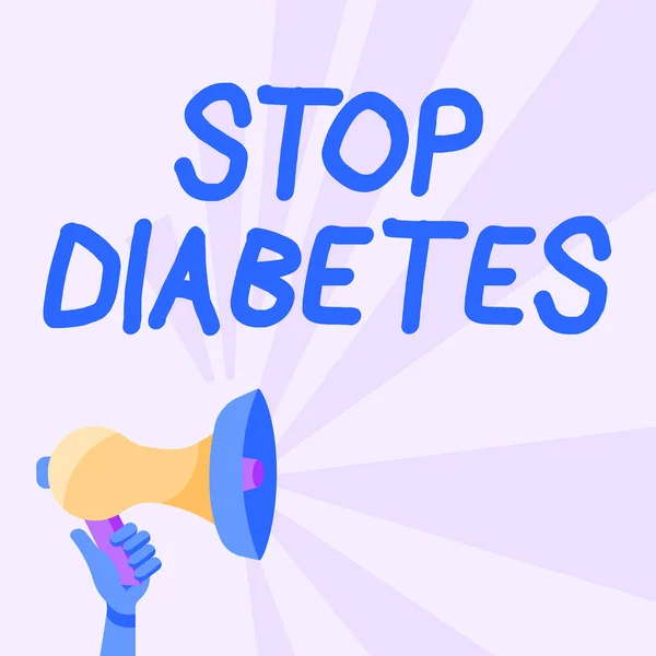 Handschriftlicher Text Stop Diabetes. Konzept bedeutet, dass der Blutzuckerspiegel höher ist als der normale Insulininjektionswert Illustration des Hand haltenden Megaphons mit der Ankündigung von Sun Ray. — Stockfoto