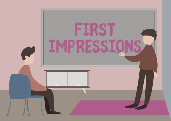 Text showing inspiration First Impressions. Internet Concept What a person thinks of you when they first meet you Teacher And Student Drawing Having Class Privately Inside A Classroom.