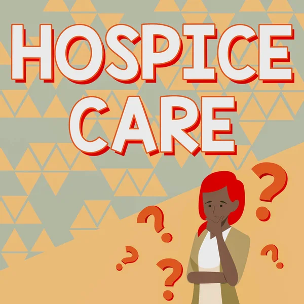 Text showing inspiration Hospice Care. Business concept focuses on the palliation of a chronically ill patients Lady Drawing Brainstorming New Solutions Surrounded With Question Marks. — Stock Photo, Image