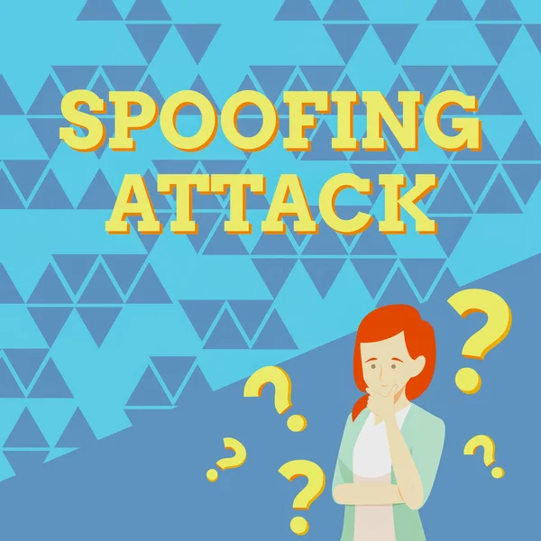 Sign displaying Spoofing Attack. Business idea impersonation of a user, device or client on the Internet Lady Drawing Brainstorming New Solutions Surrounded With Question Marks. — Stock Photo, Image