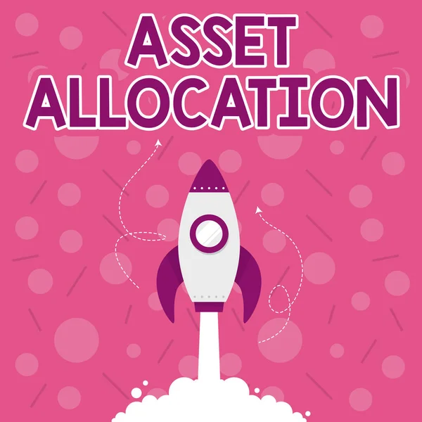 Handschrift tekst Asset Allocation. Word Written on proportion and implementation strategy to gain advantage Illustration Of Rocket Ship Launching Fast Straight Up To The Outer Space. — Stockfoto