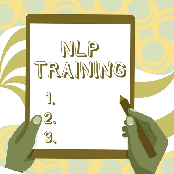 Text sign showing Nlp Training. Business idea the study of the structure of subjective experience of a person Drawing Of Both Hands Holding Tablet Lightly Presenting Wonderful Ideas — Stock Photo, Image