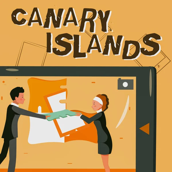Bildunterschrift: Kanarische Inseln. Unternehmensübersicht einer Gruppe bergiger Inseln im Atlantik Kollegen, die neue Projektpläne erstellen und neueste Ideen vorstellen. — Stockfoto