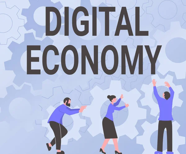 El yazısı tabelası Dijital Ekonomi. Dünya çapında ekonomik faaliyetler ve teknolojiler ağı için kelime Cogwheel taşıyan meslektaşlar Yeni Çalışma Akımı Hazırlama Ekibi. — Stok fotoğraf