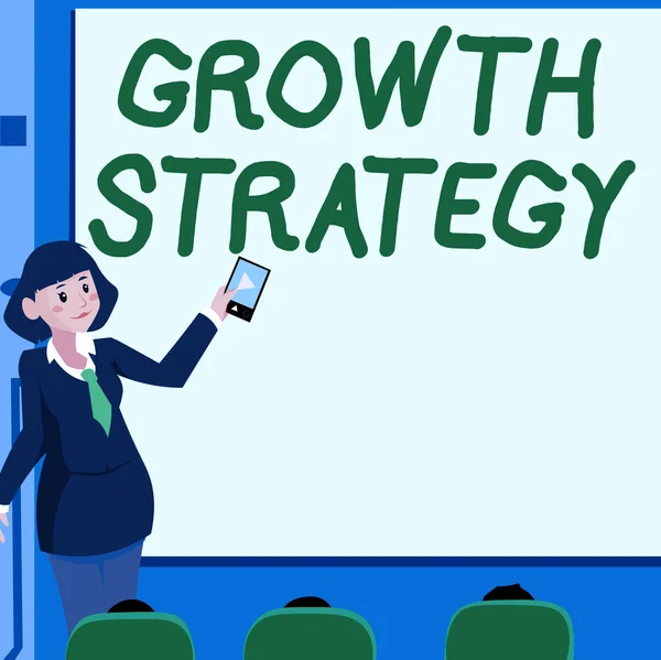 Tekenen van de groeistrategie. Business concept Strategie gericht op het winnen van een groter marktaandeel in korte termijn Vrouw Holding Remote Control Presenteren van de nieuwste ideeën op de achtergrond scherm. — Stockfoto