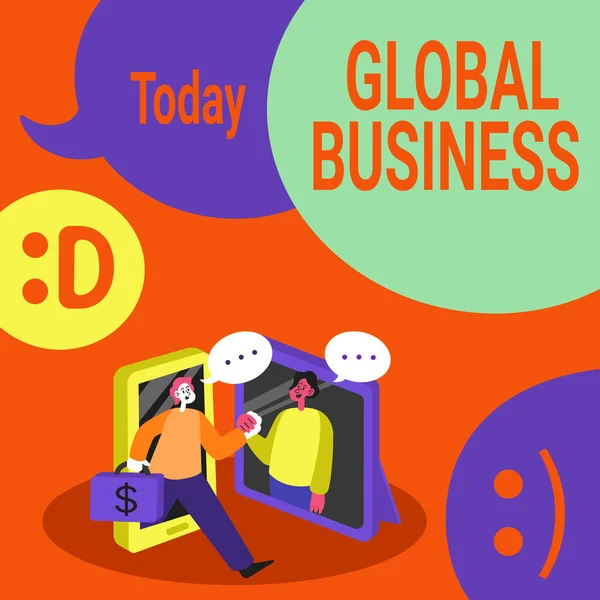 Teken Global Business. Internet Concept Handel en bedrijfsleven een bedrijf doen over de hele wereld Twee Collega 's Meeting Online Discussing Future Project Ideas. — Stockfoto