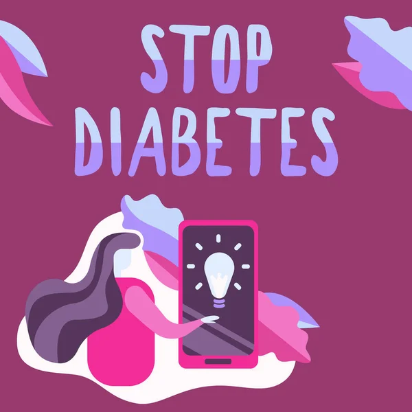 Konzeptionelle Anzeige Stop Diabetes. Geschäftsansatz Blutzuckerspiegel ist höher als normales Insulin spritzen Lady Pressing Screen des Mobiltelefons zeigt die futuristische Technologie. — Stockfoto