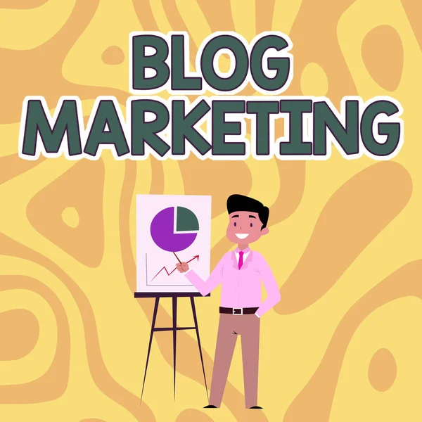 Inspirace ukazující znamení Blog Marketing. Obchodní přehlídka jakýkoli proces, který propaguje nebo inzeruje webové stránky prostřednictvím blogu Podnikatel na sobě ležérní vestoje Prezentační grafy a nápady. — Stock fotografie