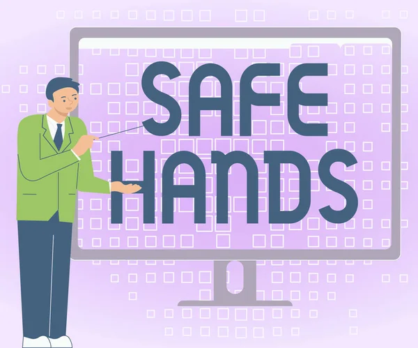 İlham "Güvenli Eller" işaretini gösteriyor. Dezenfekte için ellerin sterilitesi ve temizliğini güvence altına alan iş dünyası gösterisi İşadamı ayakta duran iş adamı Bilgisayar ekranında harika fikirler sunuyor — Stok fotoğraf