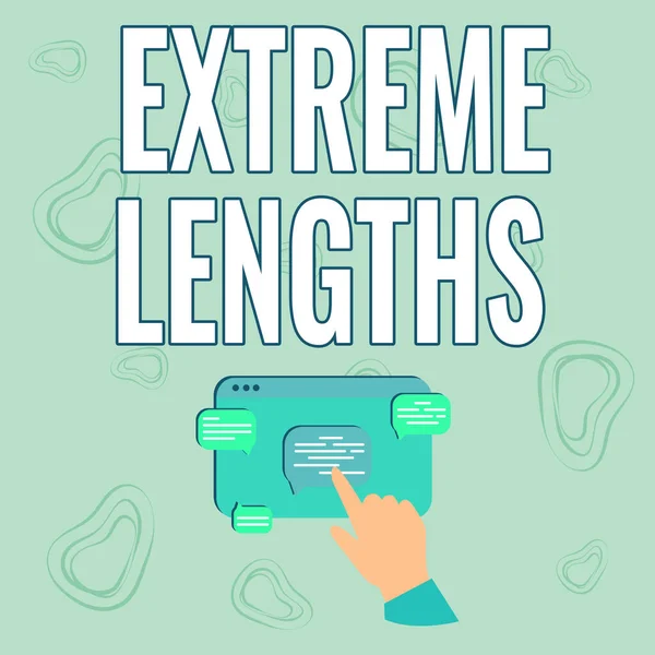 Text caption presenting Extreme Lengths. Business showcase Make a great or extreme effort to do something better Hand Showing Graph Growth Pointing Web Browser Screen. — Stock Photo, Image