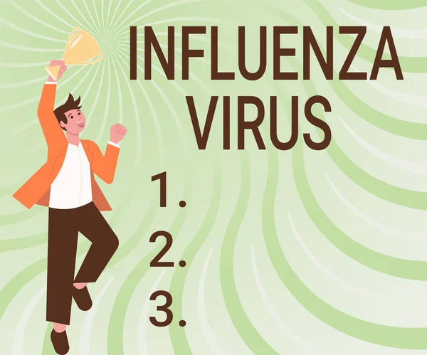 Χειρόγραφο κείμενο του ιού της γρίπης. Επιχειρηματική ιδέα μια μολυσματική ασθένεια που προκαλείται από έναν ιό της γρίπης Gentleman Jumping Excitedly Holding Trophy Εμφάνιση επιτεύγματα. — Φωτογραφία Αρχείου