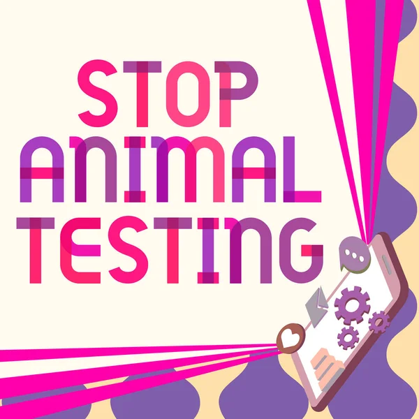 Inspiración mostrando señal Stop Animal Testing. Palabra Escrito en el experimento científico que los animales vivos obligados a someterse a dibujo móvil Compartir Comentarios positivos y buena burbuja de habla —  Fotos de Stock