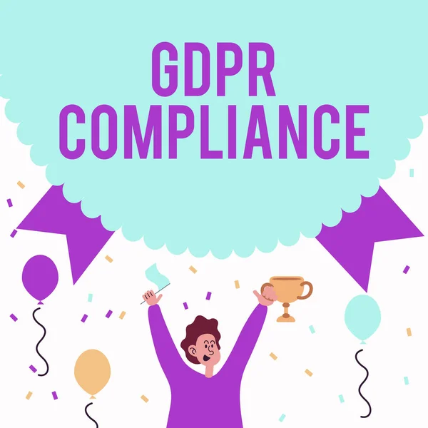 Gdpr 컴포넌트는 Gdpr 컴포넌트이다. 유럽 연합의 사업 전반적 인 보호와 사생활 소개 맨홀딩 트로피 축하 행사를 볼 룬 과 함께 하다. — 스톡 사진