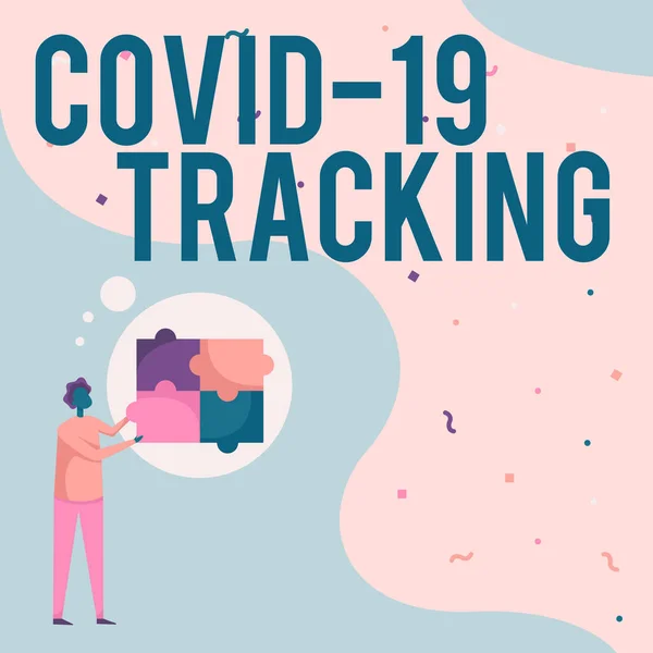 Ispirazione mostrando il segno Covid 19 Tracking. Concetto significato Distinguere il processo dei possibili individui infetti Man Drawing Standing Fitting Quattro pezzi puzzle. — Foto Stock