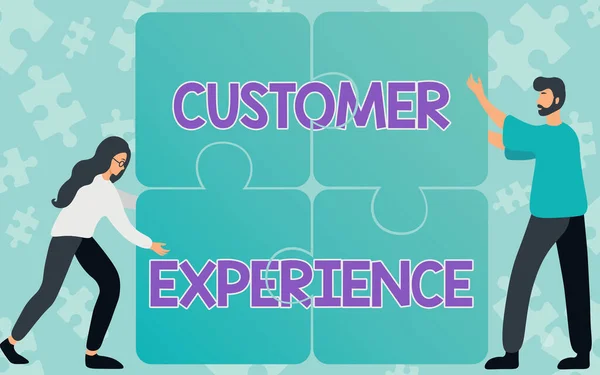 Text sign showing Customer Experience. Business idea Interaction between Satisfied Customer and Organization Colleagues Drawing Fitting Four Pieces Of Jigsaw Puzzle Together Teamwork. — Stock Photo, Image