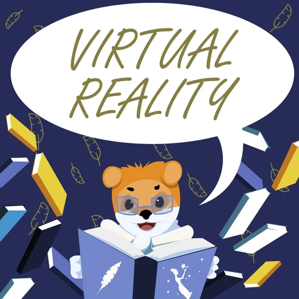 Didascalia concettuale Realtà virtuale. Foto concettuale Volpe realtà virtuale con occhiali seduto in biblioteca Leggere un libro Studiare. — Foto Stock