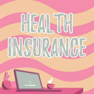 Metin Sağlık Sigortası sergileniyor. Tıbbi ve cerrahi masraflarını karşılayan kapsama alanı üzerine yazılmış bir kelime. Ofis masası, dizüstü bilgisayar kalem tutacağı ve açık ve ayarlanmış.