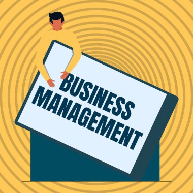 El yazısı İş Yönetimi. İşletme Koordinasyon Yönetimi Yönetimi Fikri Beyler Elinde kocaman boş bir pano tutuyor.