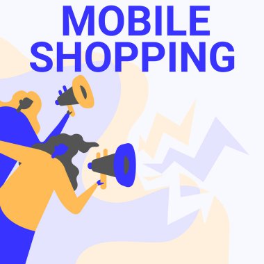 Kavramsal başlık Mobil Alışveriş. Kamuoyuna duyuru yapan mobil kadın çizim megafonları aracılığıyla mal ve hizmetlerin satın alınıp satılması fikri.