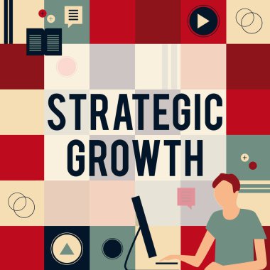 İlham verici Stratejik Büyümeyi gösteren metin. İşletme gösterisi, hisse senetlerini artırmak veya İş Adamı Yenilikçi Düşünce Öncü Fikirleri İstikrarlı Geleceğe Doğru ilerletmek için plan veya program oluşturur.