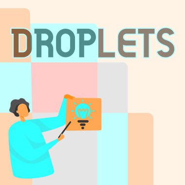 Damlacıkları gösteren bir işaret. İşletme yaklaşımı çok küçük bir sıvı damlası belirli ıslak yerlerde bulunabilir Adam Parlayan Ampulle Kağıt Tutarken Çubuğu Gösterirken.