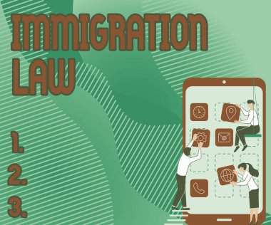 Kavramsal Göçmenlik Yasası. Bir vatandaşın konseptsel fotoğraf göçü, S Dekorasyon Mobil Uygulaması taşıyan üç meslektaşın seyahatinde yasaldır..