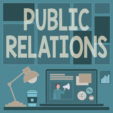 El yazısı Halkla İlişkiler. İşletme konsepti uygulaması, her bir dizüstü bilgisayar ile kahve fincanı ve çalışma sürecini gösteren masa lambası arasındaki bilginin yayılmasını yönetiyor..