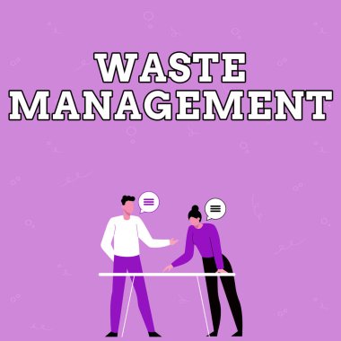 Atık Yönetimi gösteren metin işareti. İşletme Atık Yönetim Ofisi Atık Malzemeleri Klavye, gözlük ve çalışmak için kahve fincanı