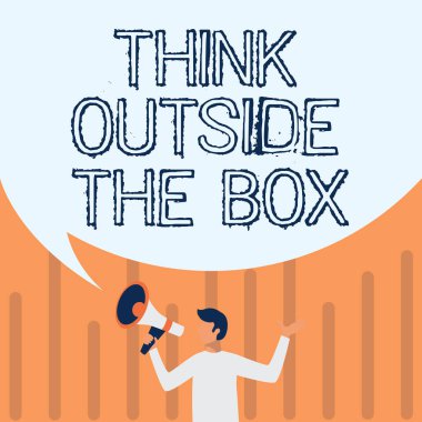 Kutunun Dışını Düşünen Kavramsal Görünüm. İş vitrini eşsiz olsun. Farklı fikirler olsun. Beyin Fırtınası yapan Adam Büyük Konuşma Baloncuğu Gösterme Mesajı ile Megafon Çiziyor..