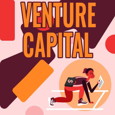 İlham, Venture Capital işaretini gösteriyor. Girişim Başkenti Kadını Çanta Taşıyor Gazete okuyor Yatırım Yapmaya Hazırlanıyor.